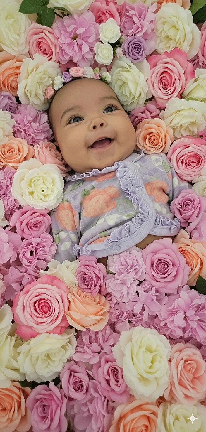 Rowyn joined the competition — help win amazing prizes! baby, smiling, flower_crown, roses, pink_flowers, white_flowers, purple_flowers, floral_outfit, infant, cute, portrait, closeup, nature, spring, soft_colors, happy, face, child, blossoms, background