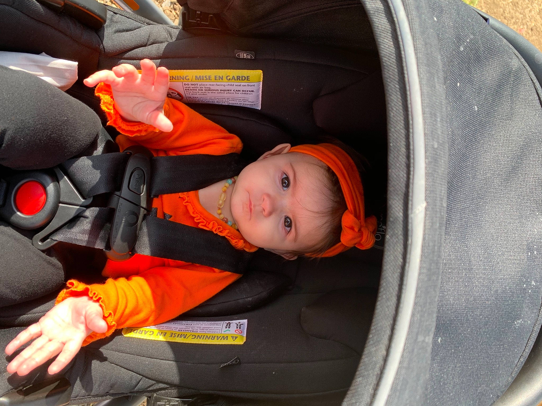 Mia is registered to the contest to win money with this photo: auto_part, baby_in_car_seat, car_seat, child, person, product, seat_belt, toddler, vehicle, wheel