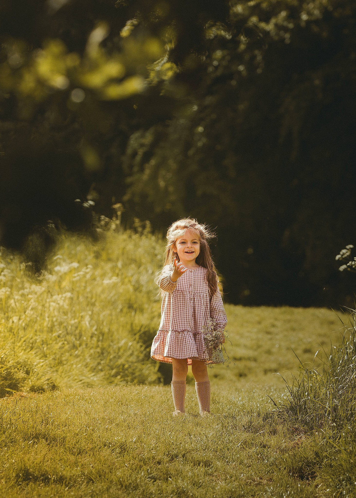 Sarah is registered to the contest to win money with this photo: blond, branch, dress, fawn, flash_photography, forest, grass, grassland, happy, joy, landscape, long_hair, meadow, people_in_nature, person, plant, prairie, sunlight, tints_and_shades, toddler