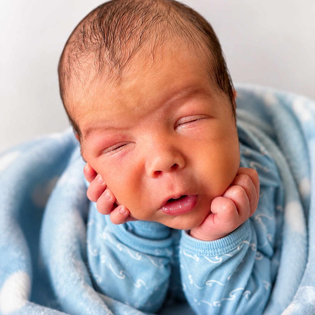 Allan joined the competition — help win amazing prizes! baby, newborn, sleeping, infant, hands, face, blanket, blue, polka_dots, soft, cute, wrapped, portrait, child, closeup, peaceful, resting, clothing, skin, head
