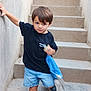 Lisandru a rejoint le concours — aidez-le/la à gagner de superbes lots ! black_tshirt, blue_cloth, boy, casual_clothing, child, concrete, curious, curly_hair, daylight, exploring, hand_on_wall, holding, motion_blur, outdoor, person, playful, shorts, stairs, walking, young