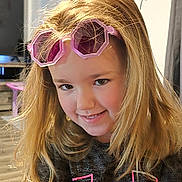 Emalyn is registered to the contest to win money with this photo: child, girl, smile, blonde_hair, sunglasses, indoor, portrait, casual_clothing, happy, young, face, hair, cute, fashion, person, tshirt, home, playful, closeup, light