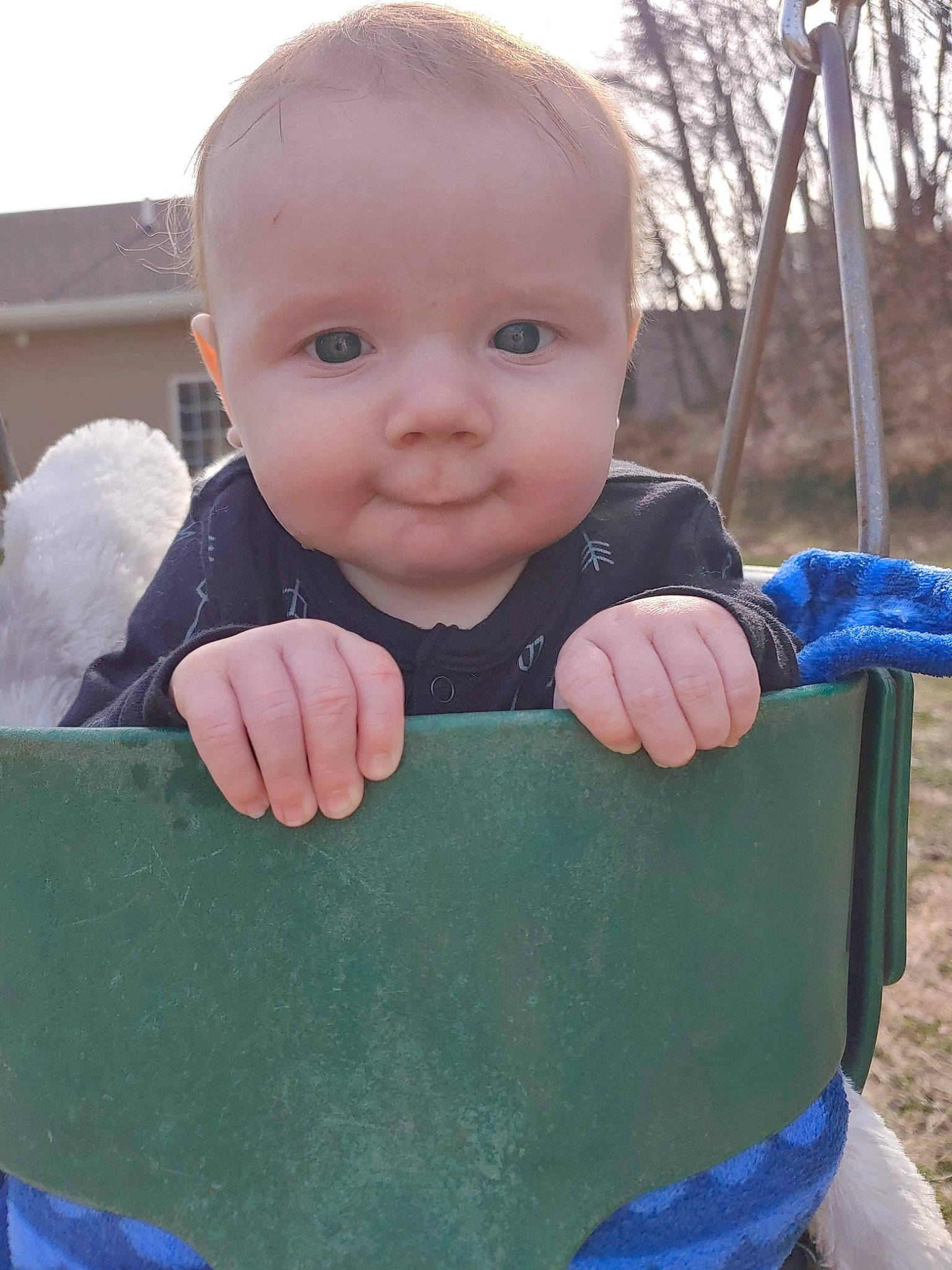 Maverick joined the competition — help win amazing prizes! baby, baby_toddler_clothing, cheek, chin, facial_expression, gesture, grass, hairstyle, happy, human_body, jacket, nose, people_in_nature, person, product, skin, sky, sleeve, smile, standing