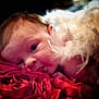baby, infant, face, portrait, red, fabric, blanket, soft, closeup, cute, newborn, resting, sleepy, texture, fluffy, cozy, child, skin, head, lying_down