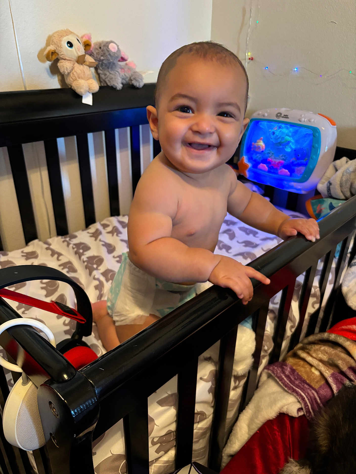 Malakaii is registered to the contest to win money with this photo: baby, toddler, crib, diaper, smile, child, toy, stuffed_animal, blanket, furniture, nightlight, indoor, bedroom, playful, happy, face, hand, person, clothing, home