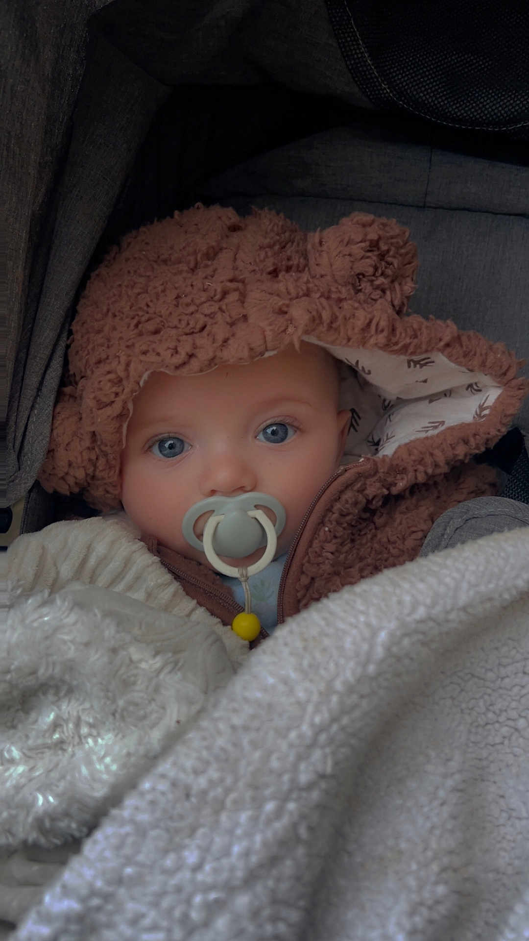 Leviacus is registered to the contest to win money with this photo: baby, blanket, blue_eyes, bundle, child, closeup, comfort, cozy, cute, face, hood, indoor, infant, pacifier, portrait, sleepy, snuggled, soft_texture, warm_clothing, winter_wear