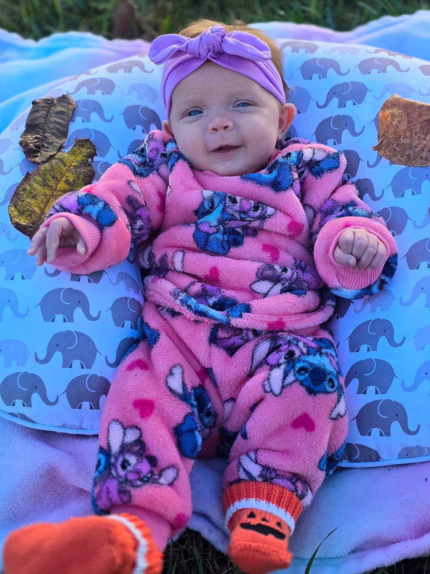 Rose is registered to the contest to win money with this photo: baby, infant, pink_onesie, headband, purple_headband, orange_socks, jack_o_lantern, elephant_pattern, pillow, autumn_leaves, outdoor, grass, cute, smiling, cozy, child, young_baby, fuzzy_clothing, happy, relaxed