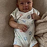 Zaire is registered to the contest to win money with this photo: baby, onesie, smiley_faces, cushion, blanket, bottle, pacifier, infant, lying_down, comfortable, cute, face, skin, hand, legs, indoors, soft_texture, clothing, child, happy