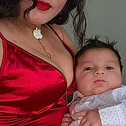 Karla Bermúdez is registered to the contest to win money with this photo: woman, baby, red_dress, portrait, indoor, face, person, clothing, child, holding, casual, fashion, hair, necklace, cute, baby_clothes, expression, skin, photo, background