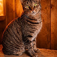 Tiger is registered to the contest to win money with this photo: cat, tabby_cat, animal, pet, feline, sitting, wooden_surface, wooden_background, indoor, portrait, green_eyes, fur, whiskers, warm_lighting, closeup, domestic_cat, mammal, cute, relaxed, alert