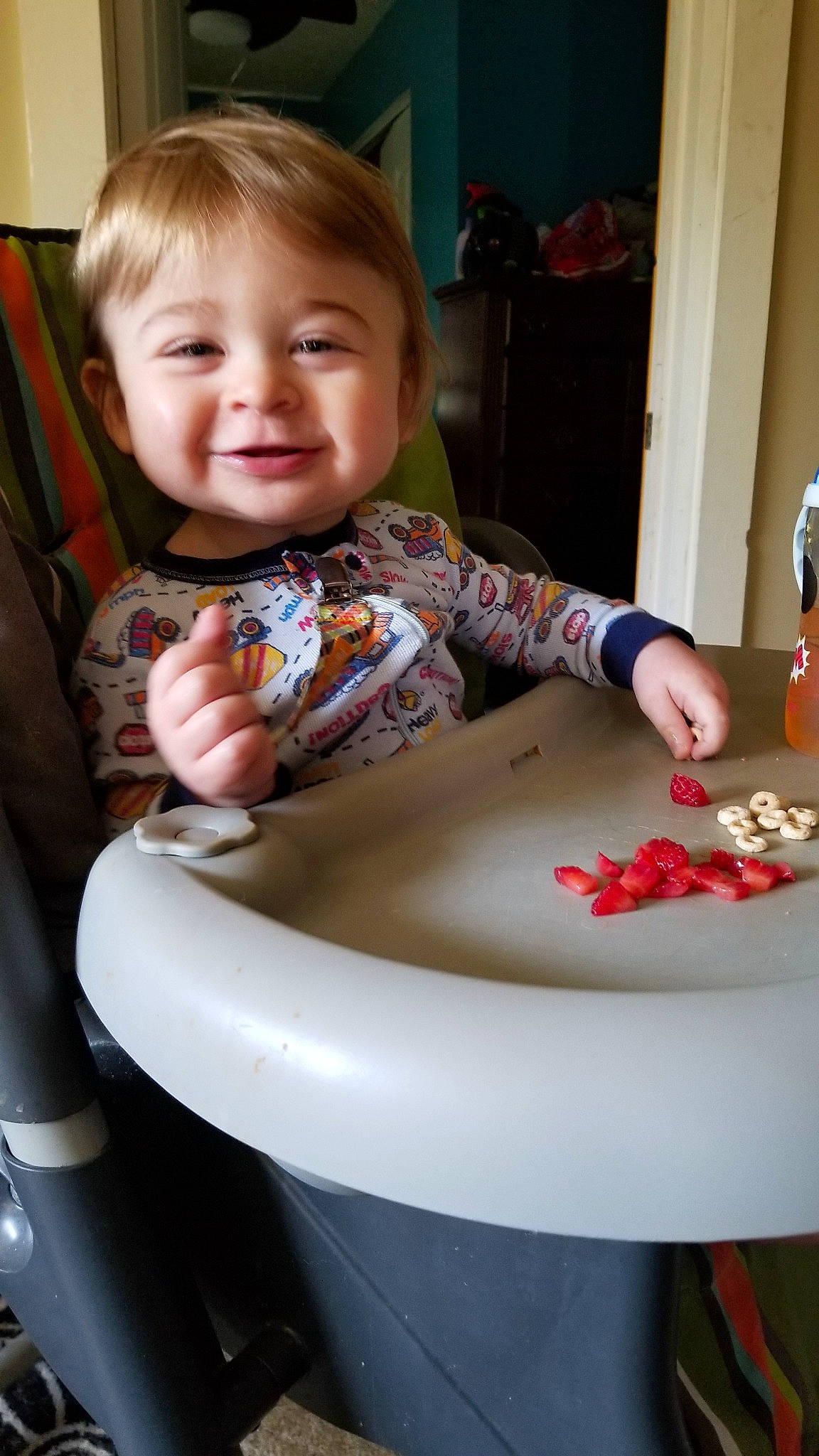 Gibson is registered to the contest to win money with this photo: baby, child, eating, food, person, play, sitting, toddler