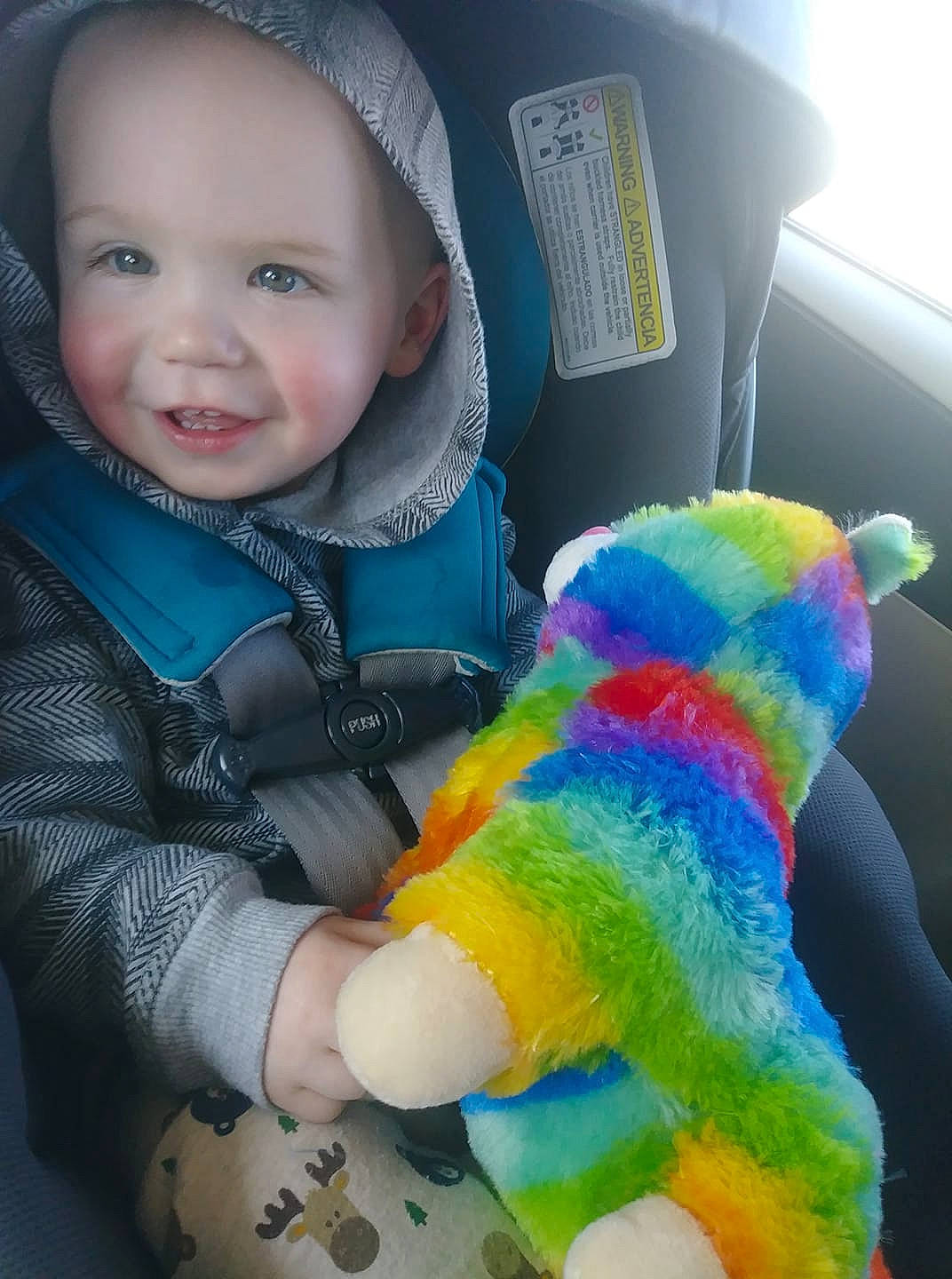 Aspyn joined the competition — help win amazing prizes! baby, cheek, child, eye, face, finger, fun, head, knitting, meteorological_phenomenon, person, play, product, skin, smile, stuffed_toy, textile, toddler, toy, wool
