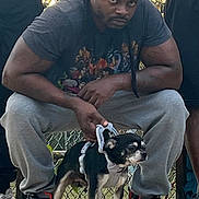 Boots is registered to the contest to win money with this photo: man, dog, outdoor, chain_link_fence, sneakers, crouching, harness, pet, casual_clothing, short_sleeves, grey_pants, black_headwear, muscular, person, animal, small_dog, daylight, photography, urban, people