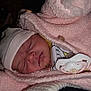 newborn, baby, sleeping, pink_blanket, white_hat, pacifier, infant, closeup, soft_texture, cozy, cute, child, peaceful, wrapped, portrait, indoor, human, toddler, clothing, resting