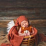 newborn, baby, sleeping, basket, blanket, knitted_clothing, hat, wooden_floor, pillow, cozy, infant, cute, peaceful, indoors, portrait, soft_texture, warm_colors, decor, foot, hand