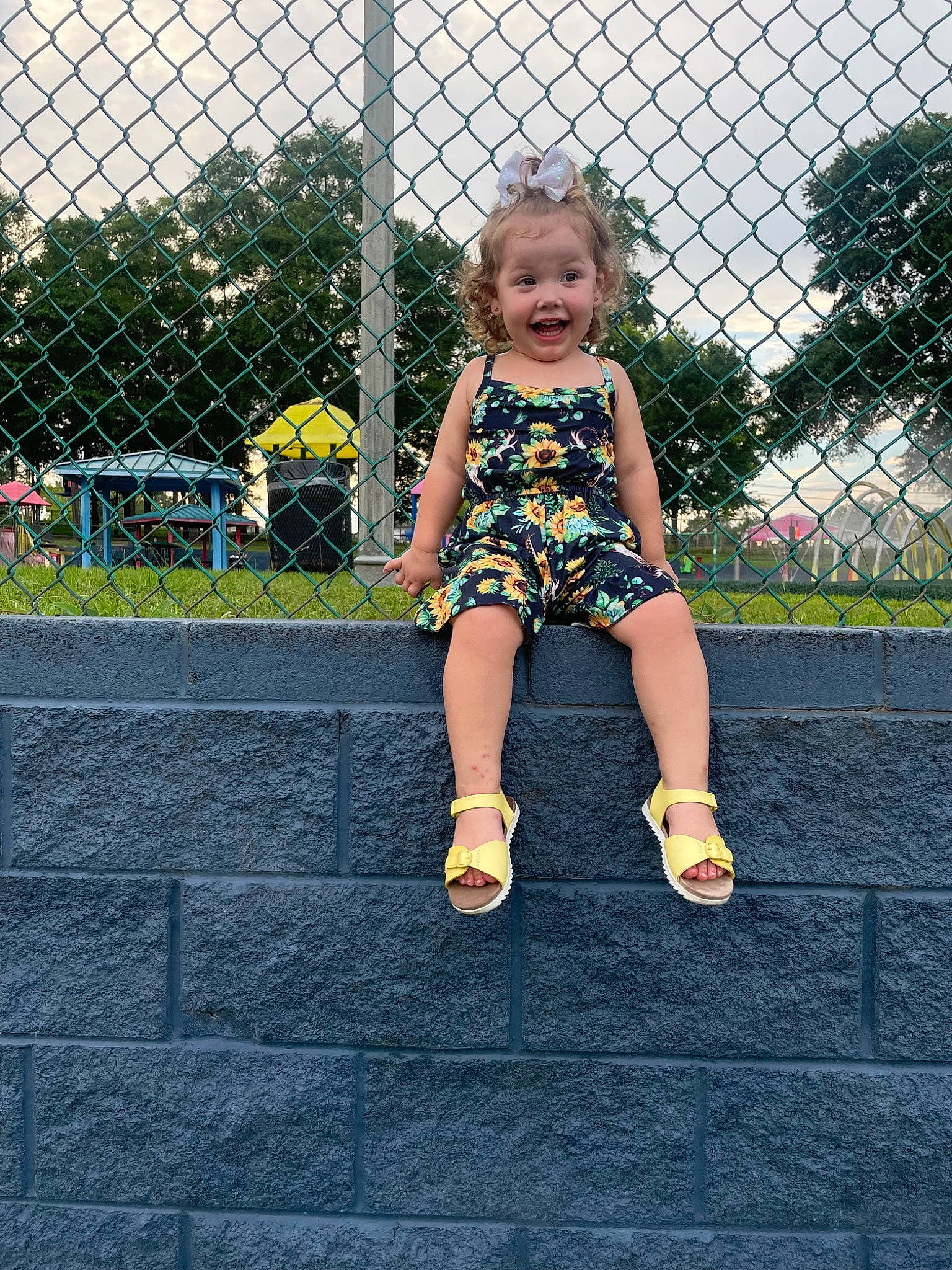 Sonora is registered to the contest to win money with this photo: baby_toddler_clothing, child, dress, electric_blue, fence, fun, grass, happy, human_leg, joy, leg, leisure, mesh, pattern, people_in_nature, person, purple, sky, smile, toddler