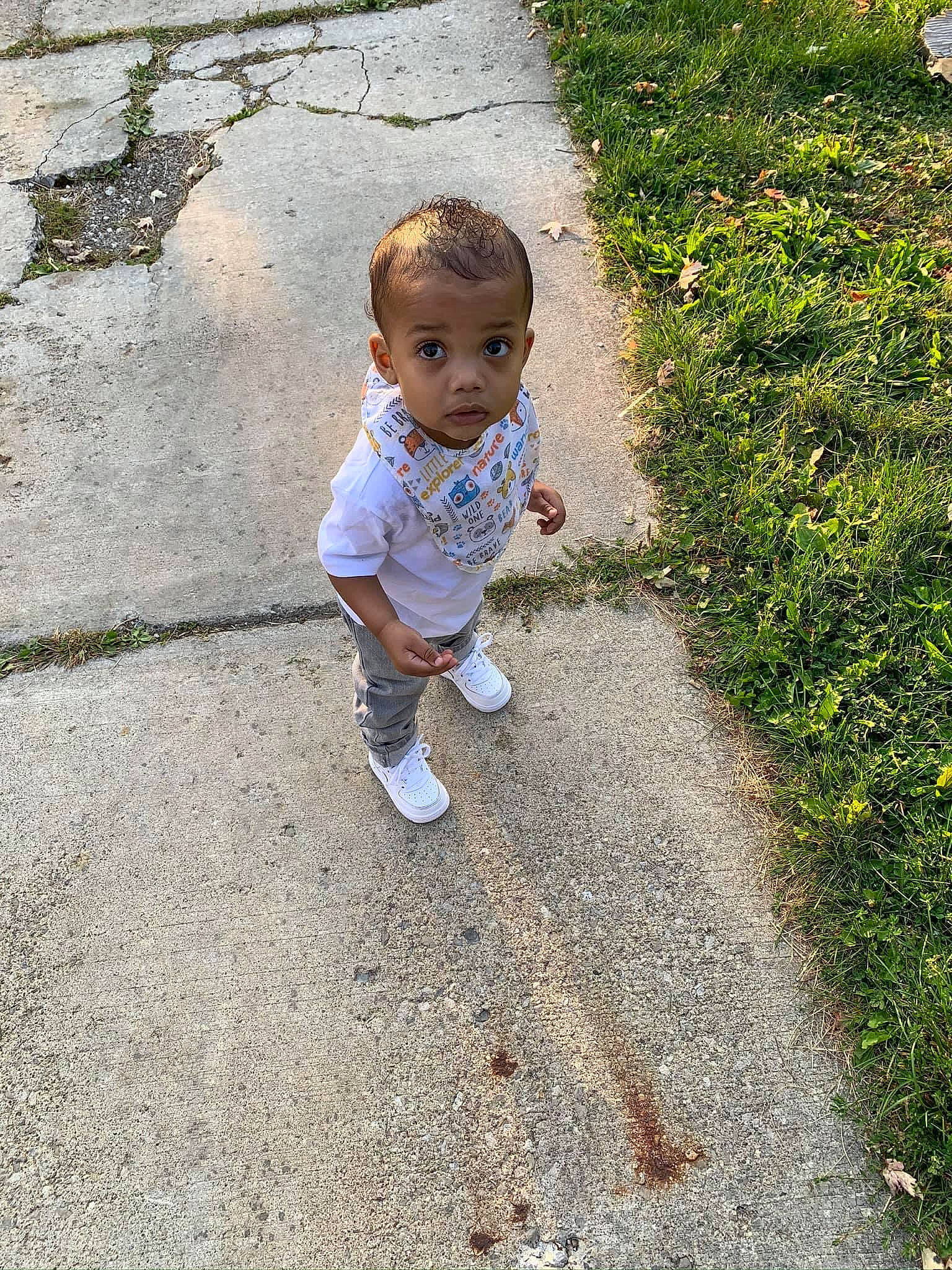 Kenneth is registered to the contest to win money with this photo: asphalt, baby, baby_toddler_clothing, child, cobblestone, concrete, flooring, grass, happy, leaf, people_in_nature, person, plant, road, road_surface, shadow, sidewalk, soil, tints_and_shades, toddler