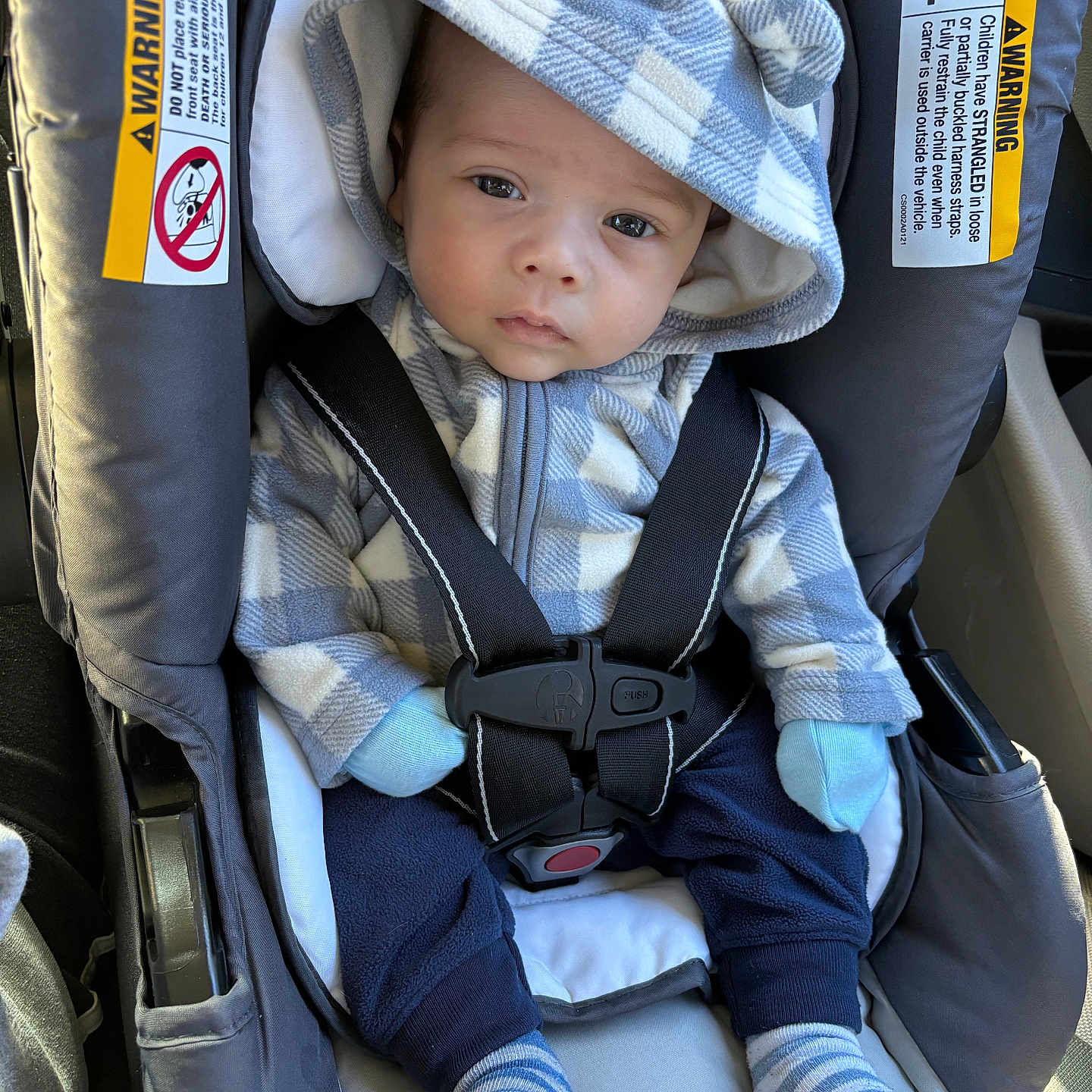 Asher joined the competition — help win amazing prizes! accessories, baby, belt, bonnet, cap, car, car_interior, carseat, clothing, cushion, face, hat, head, hosiery, person, photography, portrait, sock, transportation, vehicle