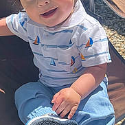 Leonardo is registered to the contest to win money with this photo: baby, casual, chair, child, clothing, curly_hair, face, footwear, hand, happy, outdoor, pants, portrait, rocky_ground, shirt, sitting, smiling, sneakers, sunlight, toddler