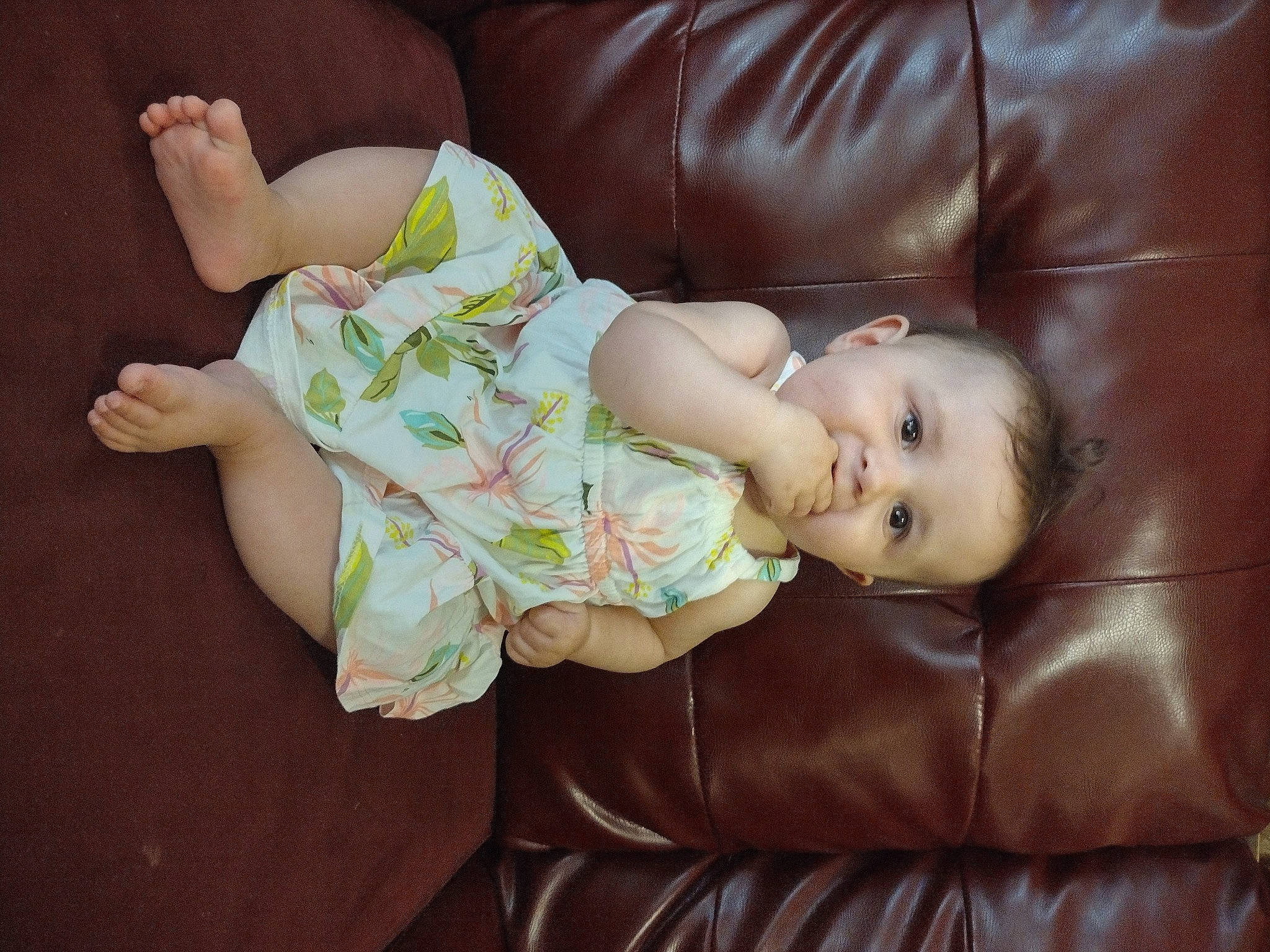 Lilliana is registered to the contest to win money with this photo: baby, baby_toddler_clothing, cheek, child, comfort, couch, flooring, grass, happy, hardwood, human_leg, mammal, pattern, person, room, sitting, skin, toddler, wood
