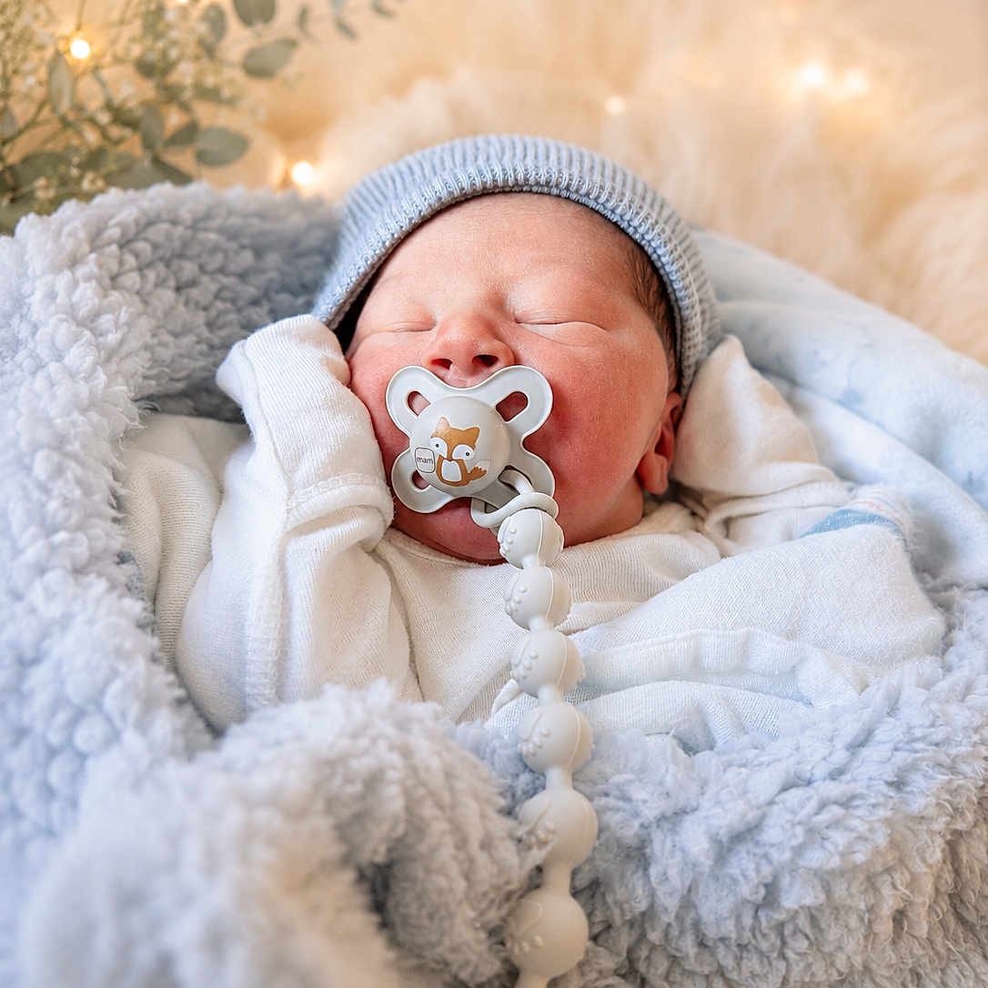 Matthew joined the competition — help win amazing prizes! newborn, baby, pacifier, blanket, hat, sleeping, soft_lighting, indoor, cozy, infant, cute, wrapped, bedroom, child, peaceful, warm, decor, soft_texture, relaxing, portrait