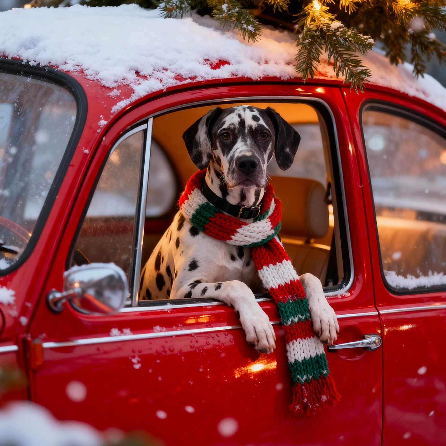 Harley is registered to the contest to win money with this photo: animal, christmas_lights, cozy, dalmatian, decorations, dog, festive, holiday, outdoor, pet, pine_branches, red_car, scarf, seasonal, snow, snowfall, vintage_car, warm_lighting, window, winter