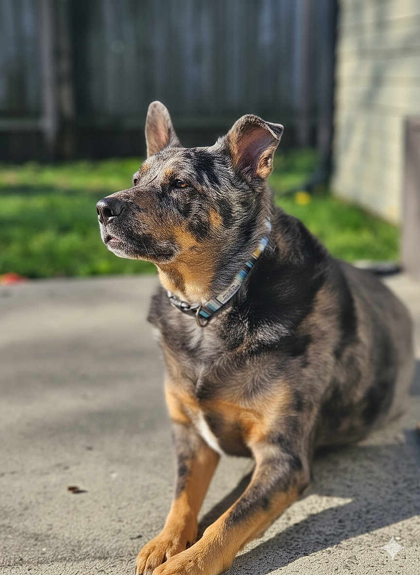 Hugo is registered to the contest to win money with this photo: dog, outdoor, pet, animal, canine, fur, collar, ears, portrait, sunlight, shadow, concrete, garden, fence, blurred_background, side_view, muzzle, sitting, watchful, daylight