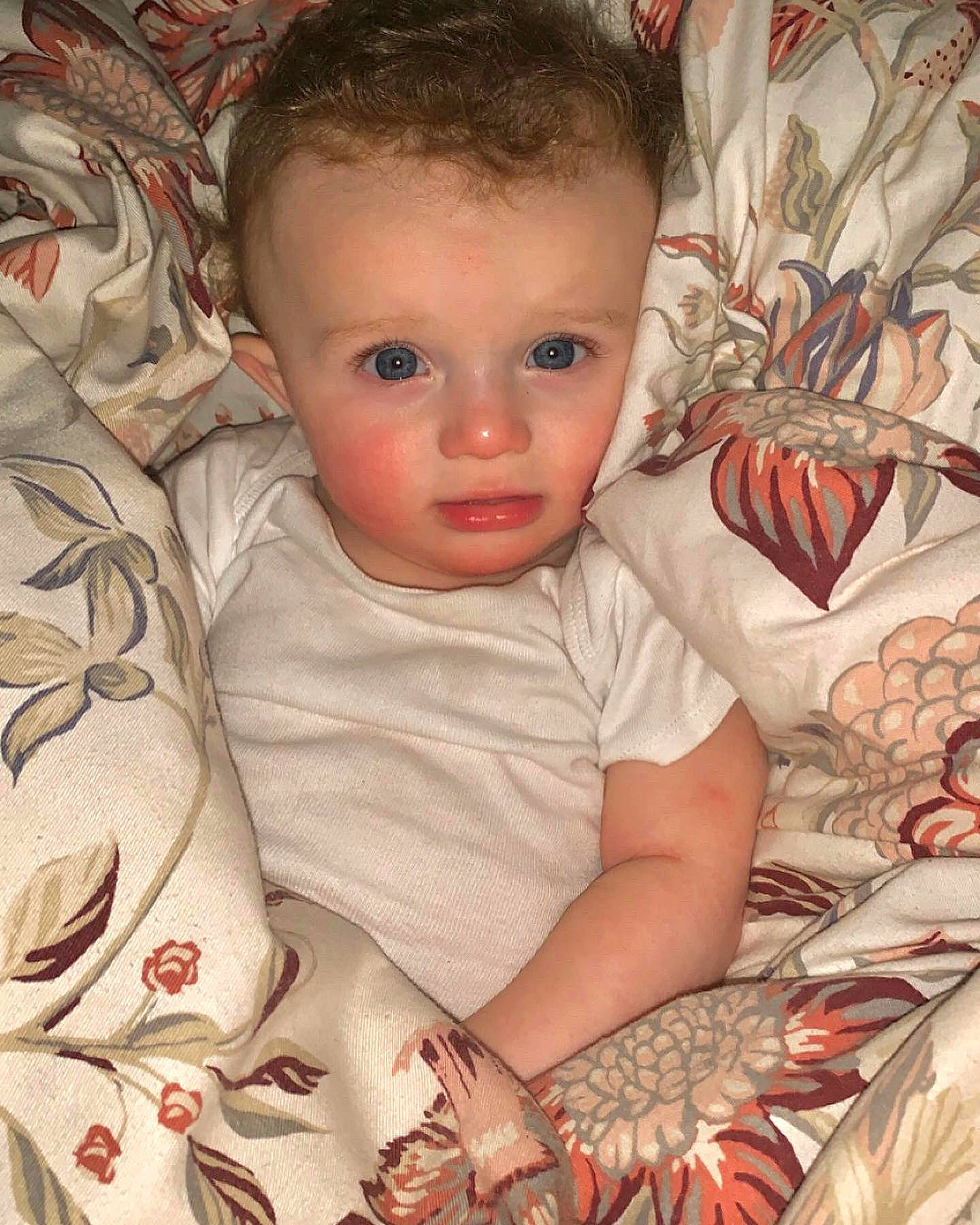 Colin joined the competition — help win amazing prizes! baby, baby_toddler_clothing, cheek, child, comfort, eye, eyelash, facial_expression, hairstyle, iris, linens, mouth, nose, organ, person, product, skin, sleeve, textile, toddler