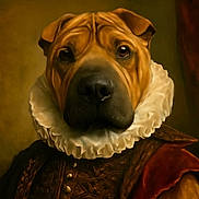 Jango participe au concours pour gagner de l'argent avec cette photo : animal_portrait, aristocratic, artistic, brown_fur, close_up, costume, dog, fabric, fancy, historical_clothing, indoor, noble, painting_style, portrait, renaissance, ruffled_collar, serious_expression, texture, vintage_style, warm_colors