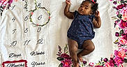 Jaliyah joined the competition — help win amazing prizes! baby, blue_dress, celebration, child, curly_hair, cute, decorative, floral_blanket, girl, indoors, infant, laying_down, milestone_blanket, months, numbers, portrait, red_bows, skin, smiling, wreath