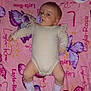 baby, pacifier, blanket, butterfly, purple, pink, onesie, socks, infant, lying_down, child, cute, soft, fabric, pattern, text, sleepwear, small, face, head