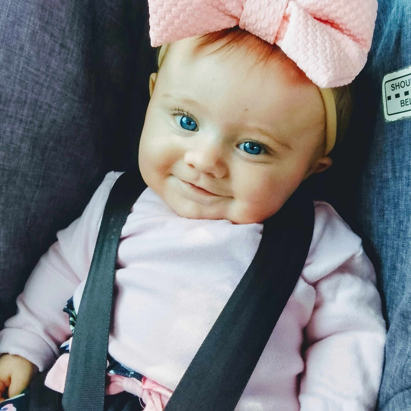 Layla-Rose joined the competition — help win amazing prizes! baby, blue_eyes, car_seat, child, closeup, clothing, cute, face, happy, headband, indoors, infant, patterned_pants, person, pink_bow, pink_shirt, seatbelt, sitting, smile, soft_lighting