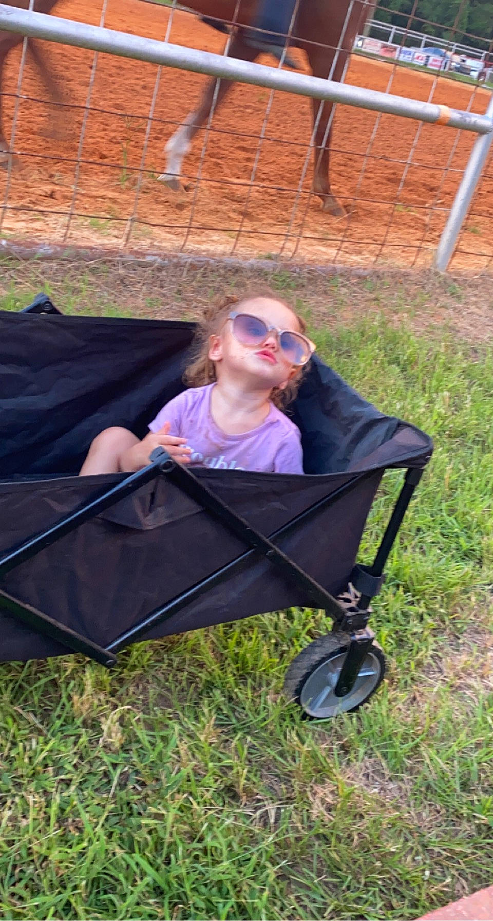 Millie is registered to the contest to win money with this photo: baby_products, bag, camping, chair, child, event, eyewear, face, folding_chair, grass, lawn, leisure, people_in_nature, person, plant, recreation, sunglasses, tire, toddler, tree