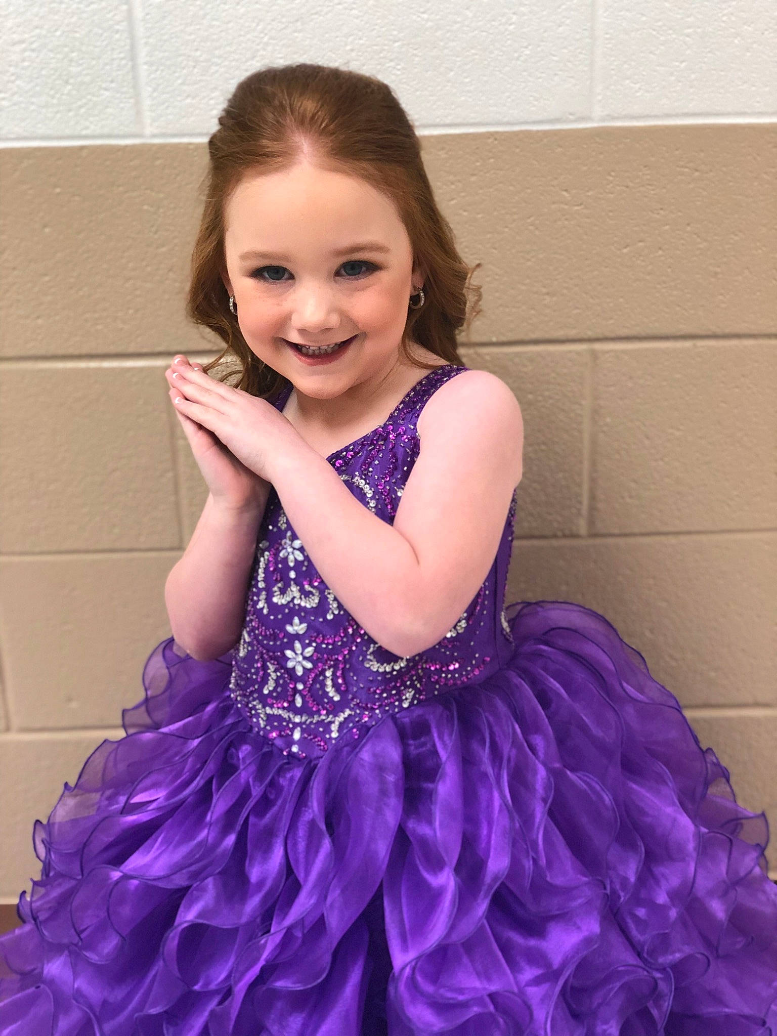 Remington is registered to the contest to win money with this photo: a_line, bridal_party_dress, child, child_model, clothing, cocktail_dress, costume, dress, embellishment, fashion_accessory, formal_wear, gown, joy, lavender, lilac, person, purple, ruffle, shoulder, textile