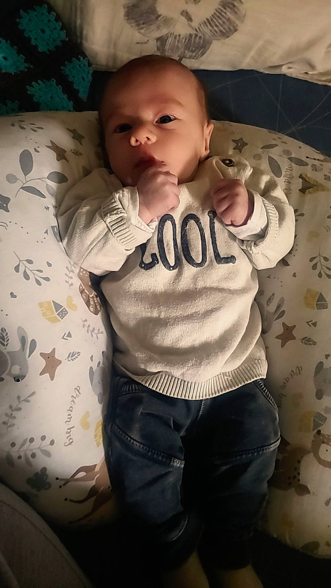 Nolan participe au concours pour gagner de l'argent avec cette photo : arm, baby, baby_toddler_clothing, cheek, chest, comfort, eye, gesture, head, iris, jeans, lip, mouth, neck, nose, person, skin, sleeve, t_shirt, textile