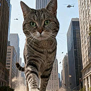 Yoshi participe au concours pour gagner de l'argent avec cette photo : cat, tabby_cat, giant_animal, city, skyscrapers, urban, helicopters, dust, street, downtown, buildings, traffic, cars, commuters, fantasy, surreal, kaiju, walking, green_eyes, whiskers
