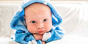Leo joined the competition — help win amazing prizes! baby, blue_hood, blanket, child, cute, face, fluffy, hood, infant, indoors, looking_down, portrait, resting, soft_texture, white_background, young_child, cozy, hands, expression, closeup