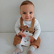 Léandre participe au concours pour gagner de l'argent avec cette photo : baby, infant, child, smiling, sitting, portrait, white_wall, corduroy_overalls, overalls, milestone_card, socks, striped_socks, hands, big_eyes, cute, indoor, neutral_background, soft_lighting, blanket, bear_motif