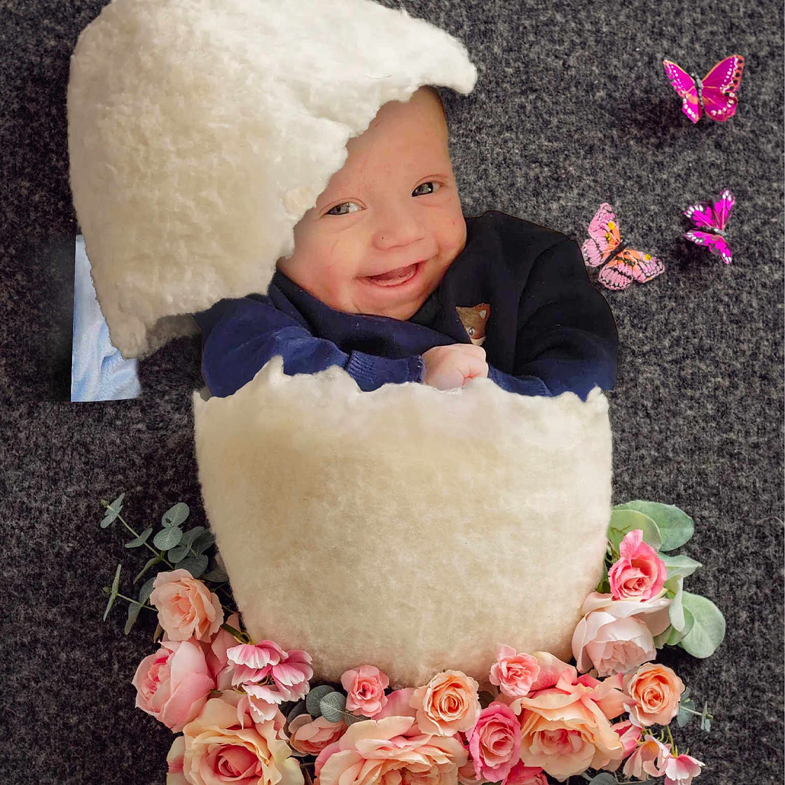 Raphaël participe au concours pour gagner de l'argent avec cette photo : baby, butterflies, child, cozy, creative, cute, decor, eggshell, flowers, fluffy, greenery, happy, indoors, infant, pink, playful, portrait, props, smiling, soft_texture