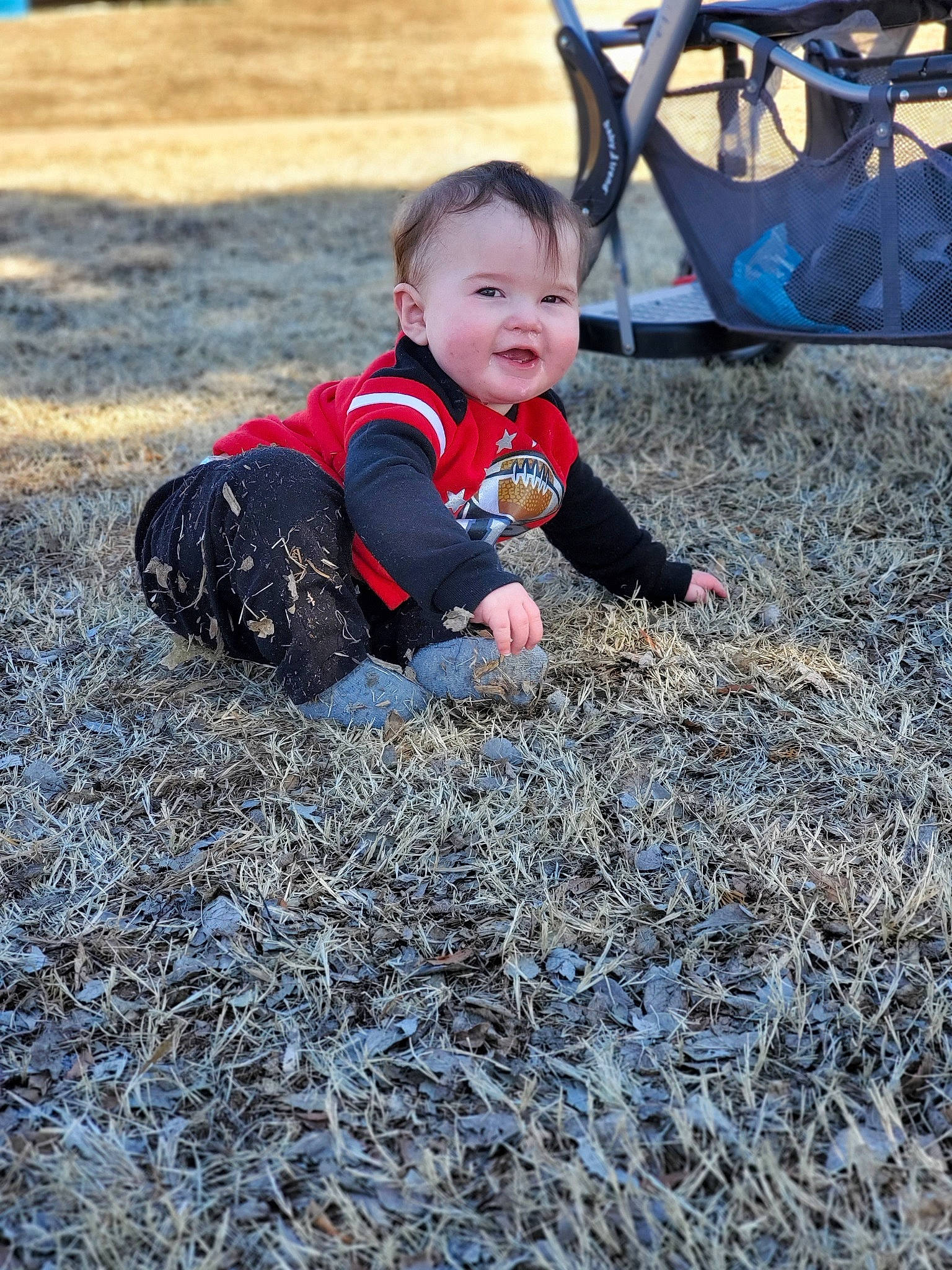 Hunter joined the competition — help win amazing prizes! baby, child, fun, grass, leaf, person, plant, play, soil, toddler, tree, winter