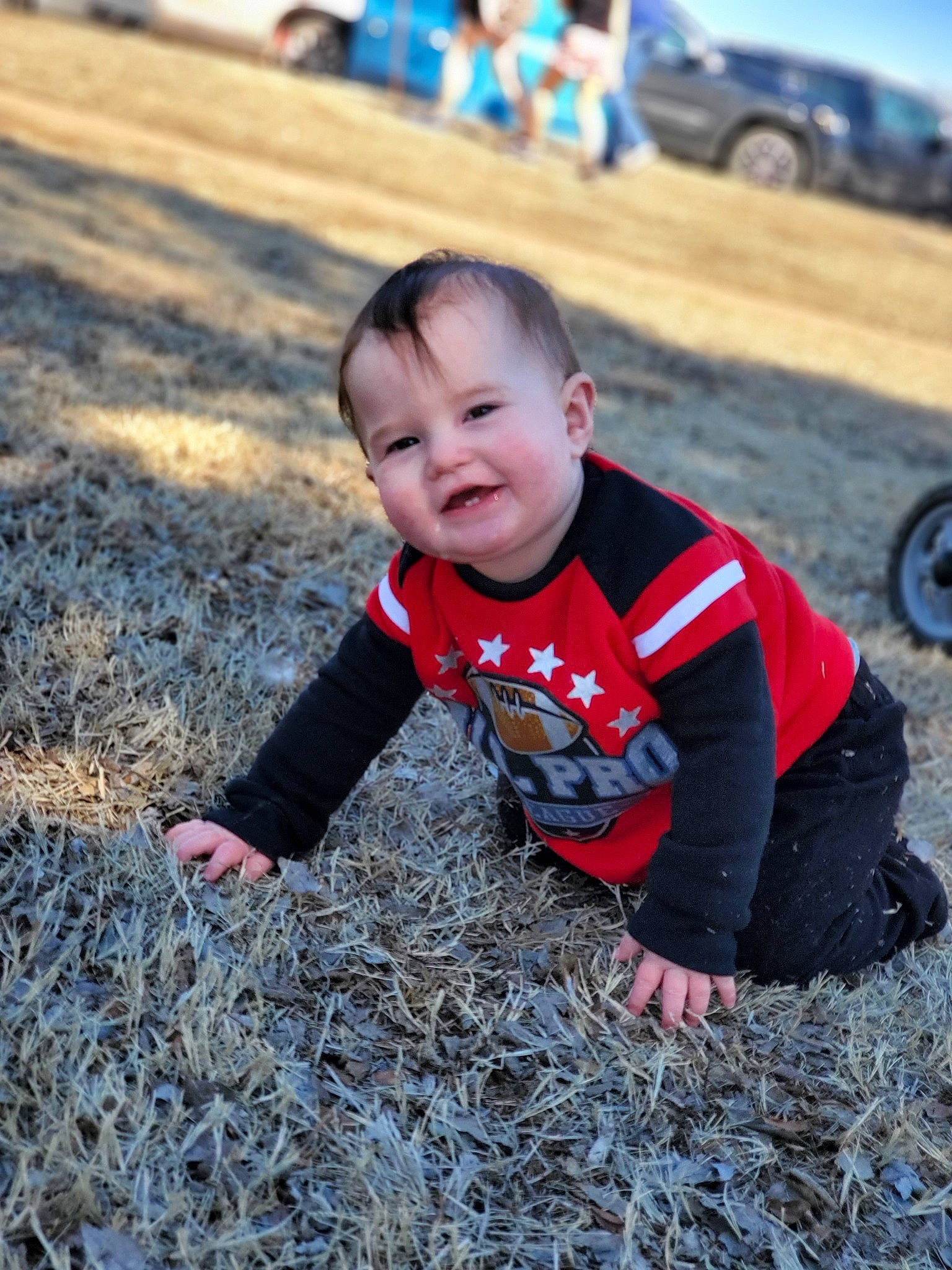 Hunter is registered to the contest to win money with this photo: baby, car, child, fun, grass, hand, happy, leaf, person, plant, play, sitting, sky, smile, soil, toddler, tree, vehicle