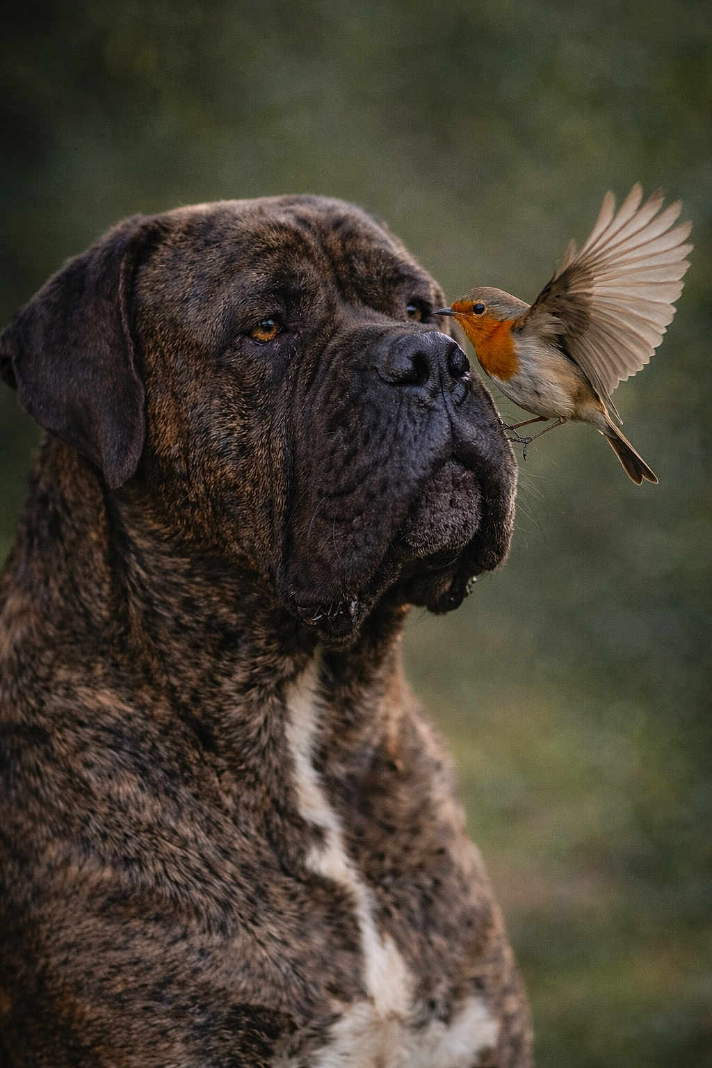 Ragnar a rejoint le concours — aidez-le/la à gagner de superbes lots ! dog, bird, animal, brindle, canine, wildlife, nature, closeup, portrait, outdoor, friendship, serene, feathers, mammal, beak, pet, flying, nose, brown, calm