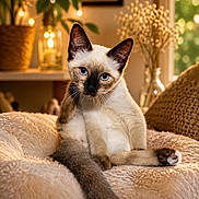 Orgeat a rejoint le concours — aidez-le/la à gagner de superbes lots ! cat, siamese_cat, kitten, blue_eyes, indoor, plush_blanket, cozy, warm_lighting, bokeh, plant, vase, window, relaxed, feline, pet, cute, fur, whiskers, tail, sitting