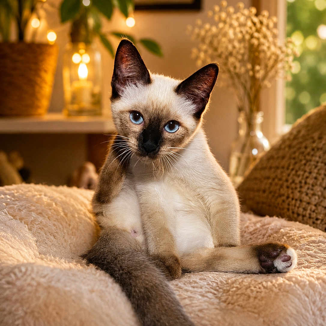 Orgeat a rejoint le concours — aidez-le/la à gagner de superbes lots ! cat, siamese_cat, kitten, blue_eyes, indoor, plush_blanket, cozy, warm_lighting, bokeh, plant, vase, window, relaxed, feline, pet, cute, fur, whiskers, tail, sitting