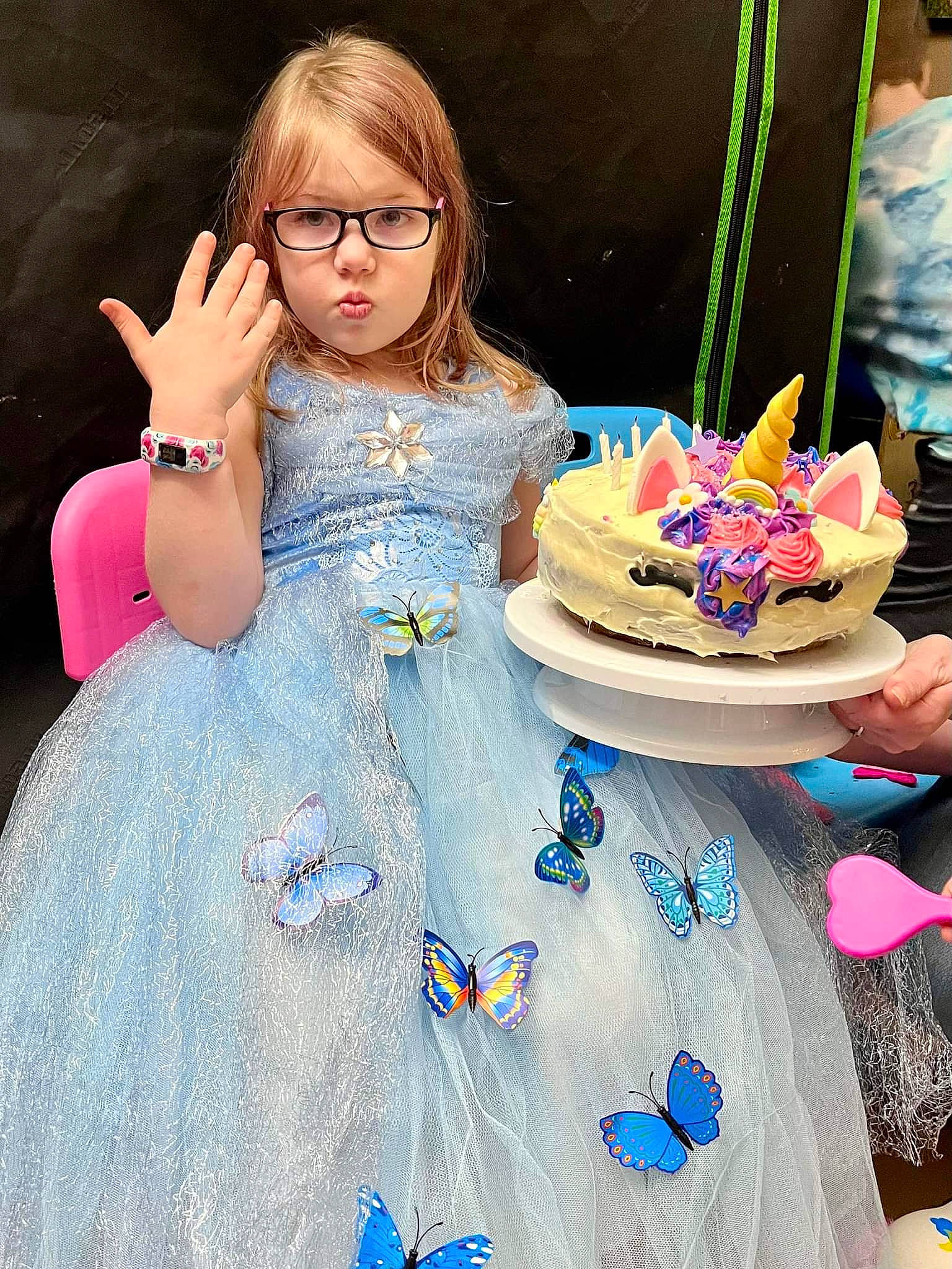 Harmony joined the competition — help win amazing prizes! baby_toddler_clothing, birthday_cake, blue, buttercream, cake, cake_decorating, cake_decorating_supply, child, day_dress, dress, eyewear, fashion, fashion_design, food, person, pink, plate, purple, sugar_cake, tableware