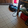 Kyra a rejoint le concours — aidez-le/la à gagner de superbes lots ! dog, indoor, tile_floor, door, open_door, sunlight, mat, wooden_door, shelf, toolbox, gas_can, leash, black_dog, resting, relaxed, shadow, floor, household, pet, daylight