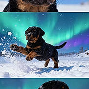 Apollo a rejoint le concours — aidez-le/la à gagner de superbes lots ! rottweiler, puppy, dog, snow, snowflakes, northern_lights, aurora_borealis, outdoor, animal, winter, playful, leaping, cute, fur, black_and_tan, nature, sky, landscape, portrait, pet