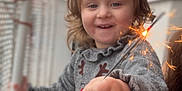 Mia participe au concours pour gagner de l'argent avec cette photo : child, toddler, sparkler, smile, balcony, grey_dress, celebration, spark, curly_hair, portrait, happy, hand, railing, bokeh, outdoor, cozy_clothing, holiday, face, person, blurred_background