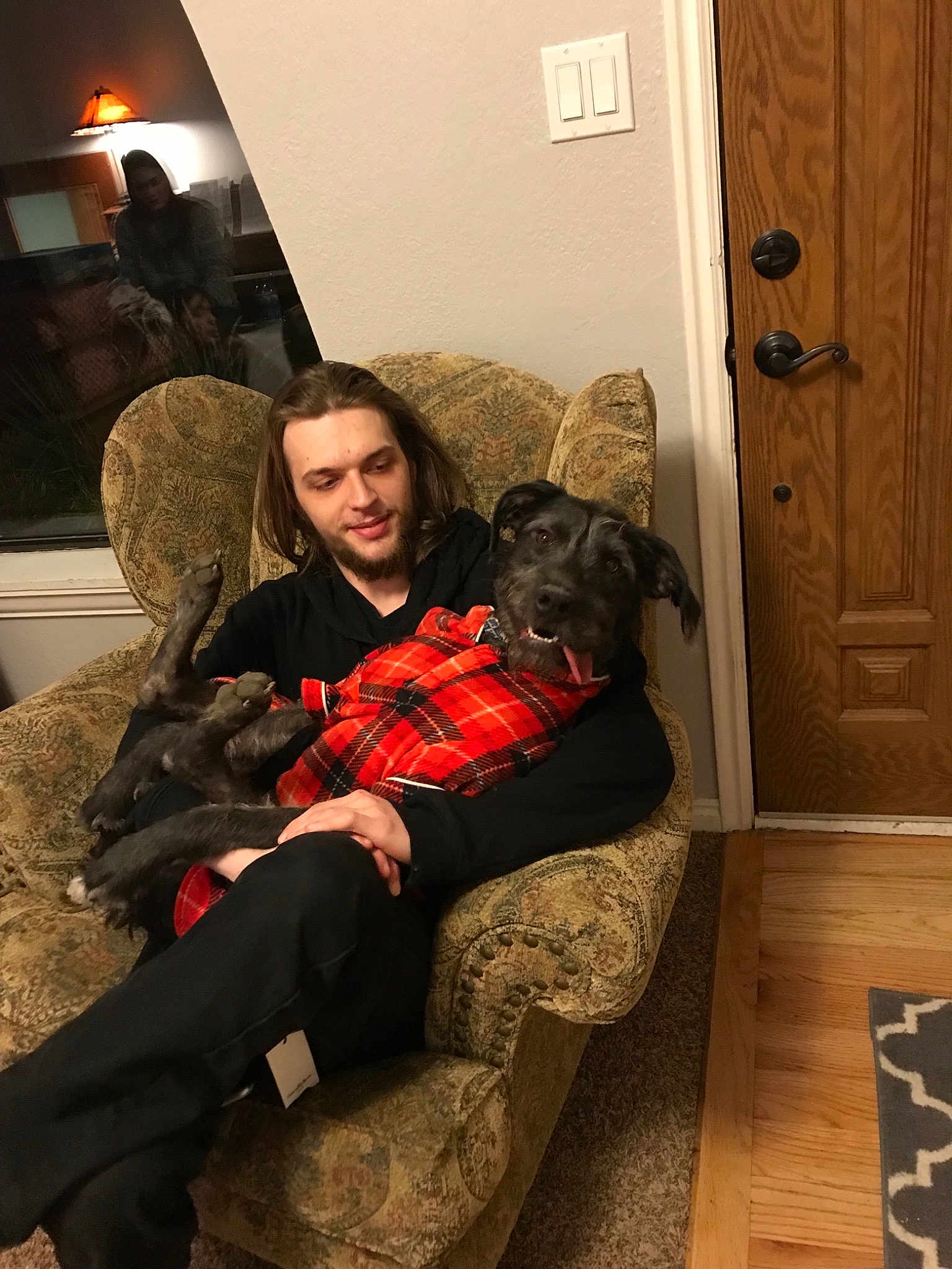 Severus joined the competition — help win amazing prizes! carnivoran, dog, dog_like_mammal, fun, furniture, girl, interaction, mammal, person, sitting, vertebrate