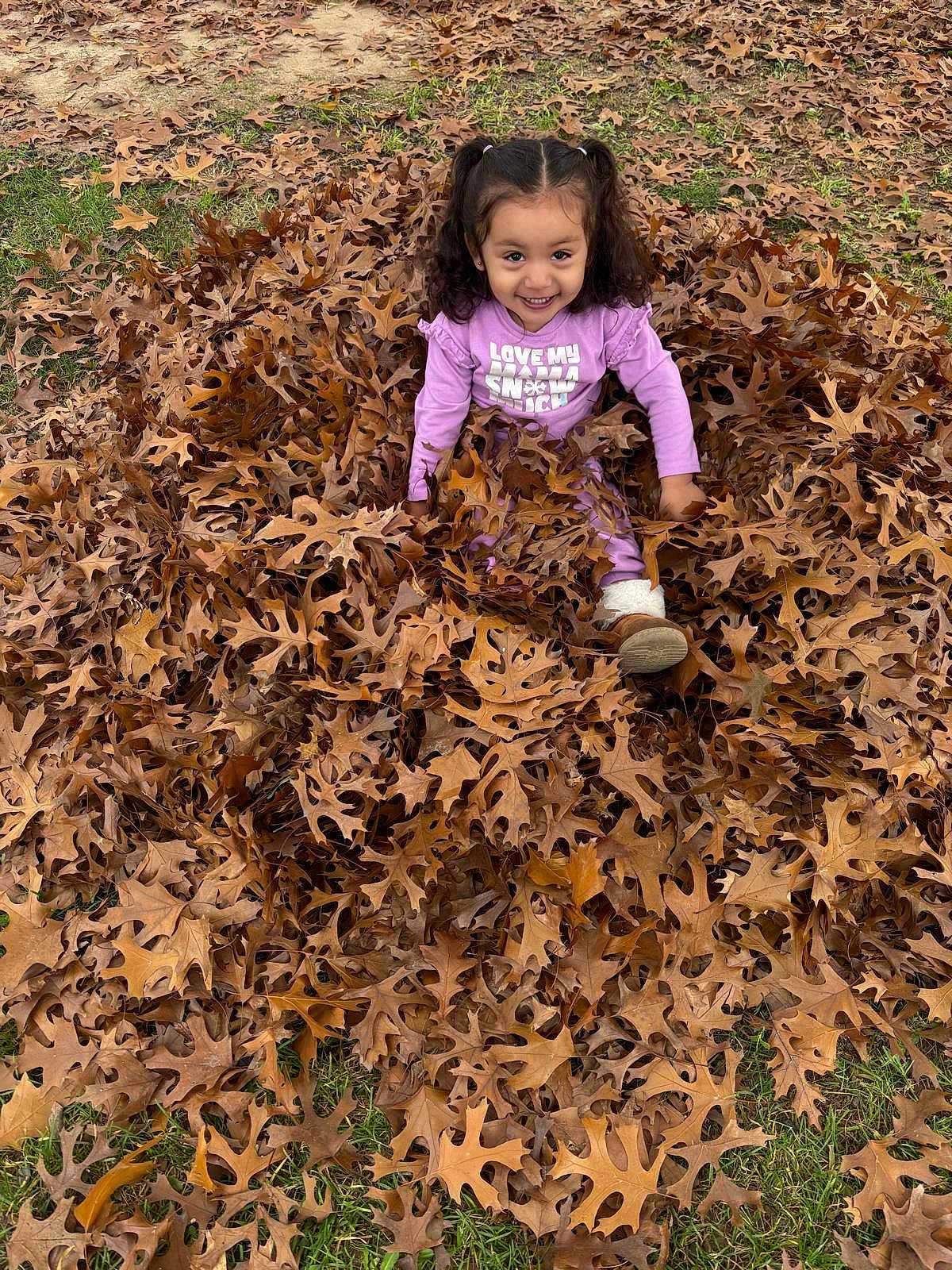 Janeth joined the competition — help win amazing prizes! autumn, boots, child, curly_hair, grass, ground, happy, leaves, nature, oak_leaves, outdoors, park, pigtails, pile_of_leaves, pink_clothing, play, portrait, seasonal, smiling, toddler
